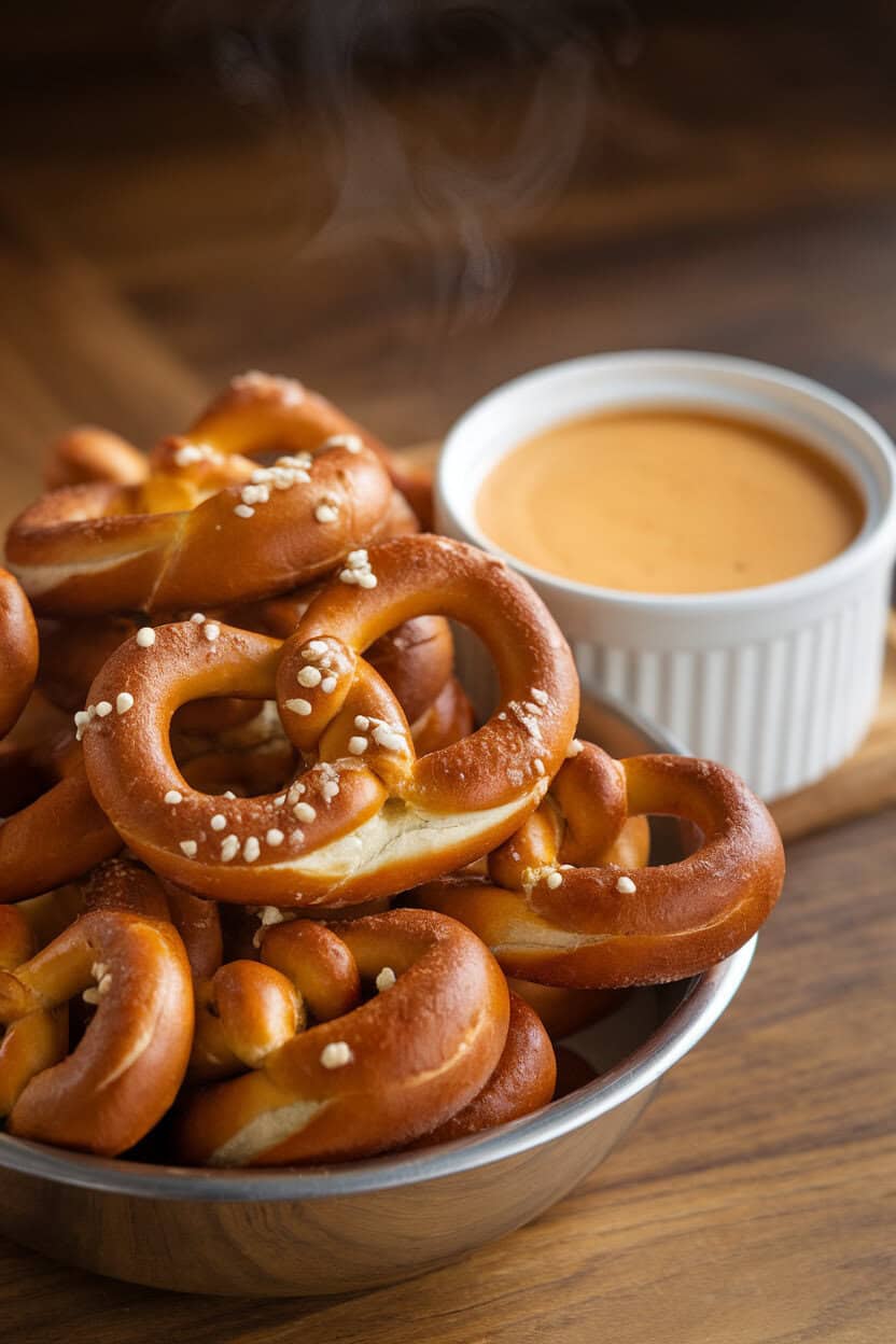 An indoor pub-style photo of soft pretzel nuggets piled in a bowl next to a small ramekin of melted beer cheese, steam rising slightly. No logos or text.