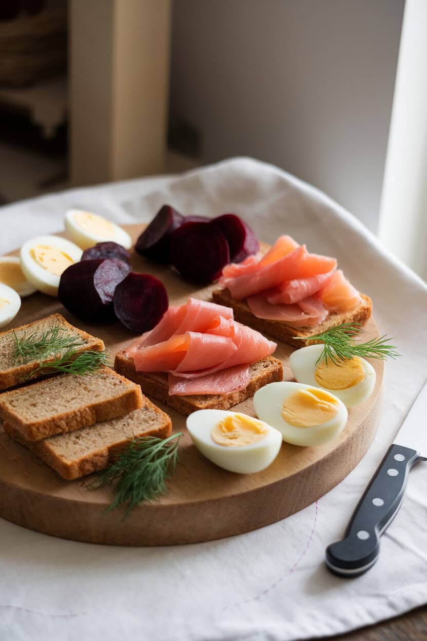 Indoor wooden board with buttered rye squares, gravlax ribbons, pickled beets, dill sprigs, and hard-boiled egg slices, soft daylight, no logos.
