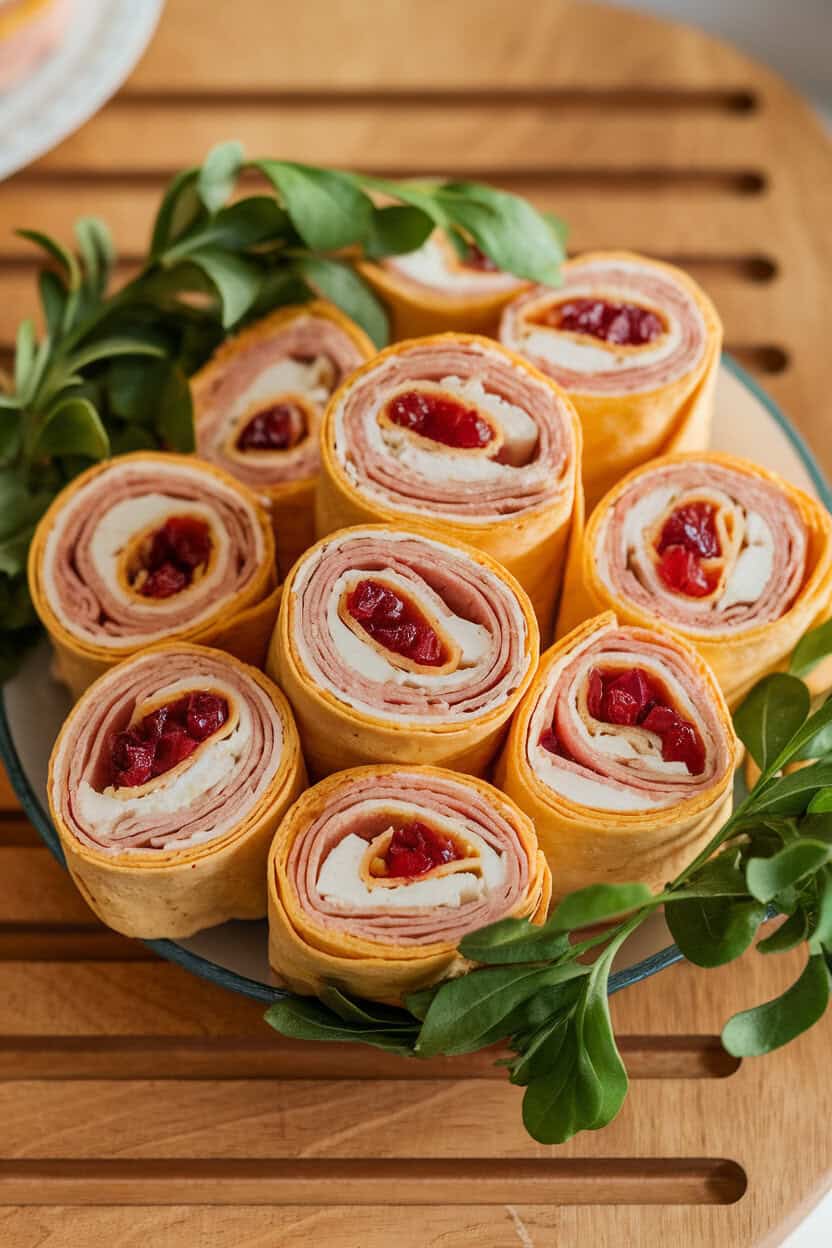 Indoor platter holding colorful tortilla pinwheels filled with sliced turkey, cream cheese, and cranberry relish, no text or logos, photo style