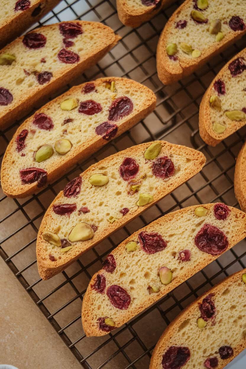 Biscotti sticks flecked with red dried cherries and green pistachios resting on an indoor baking rack. No text or logos. Photo, not illustration.