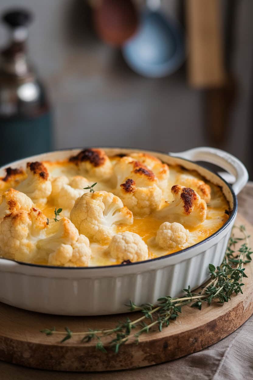 An indoor gratin dish bubbling with cauliflower florets enveloped in creamy cheddar sauce, browned spots on top. No branding or text. Photo.</Prompt