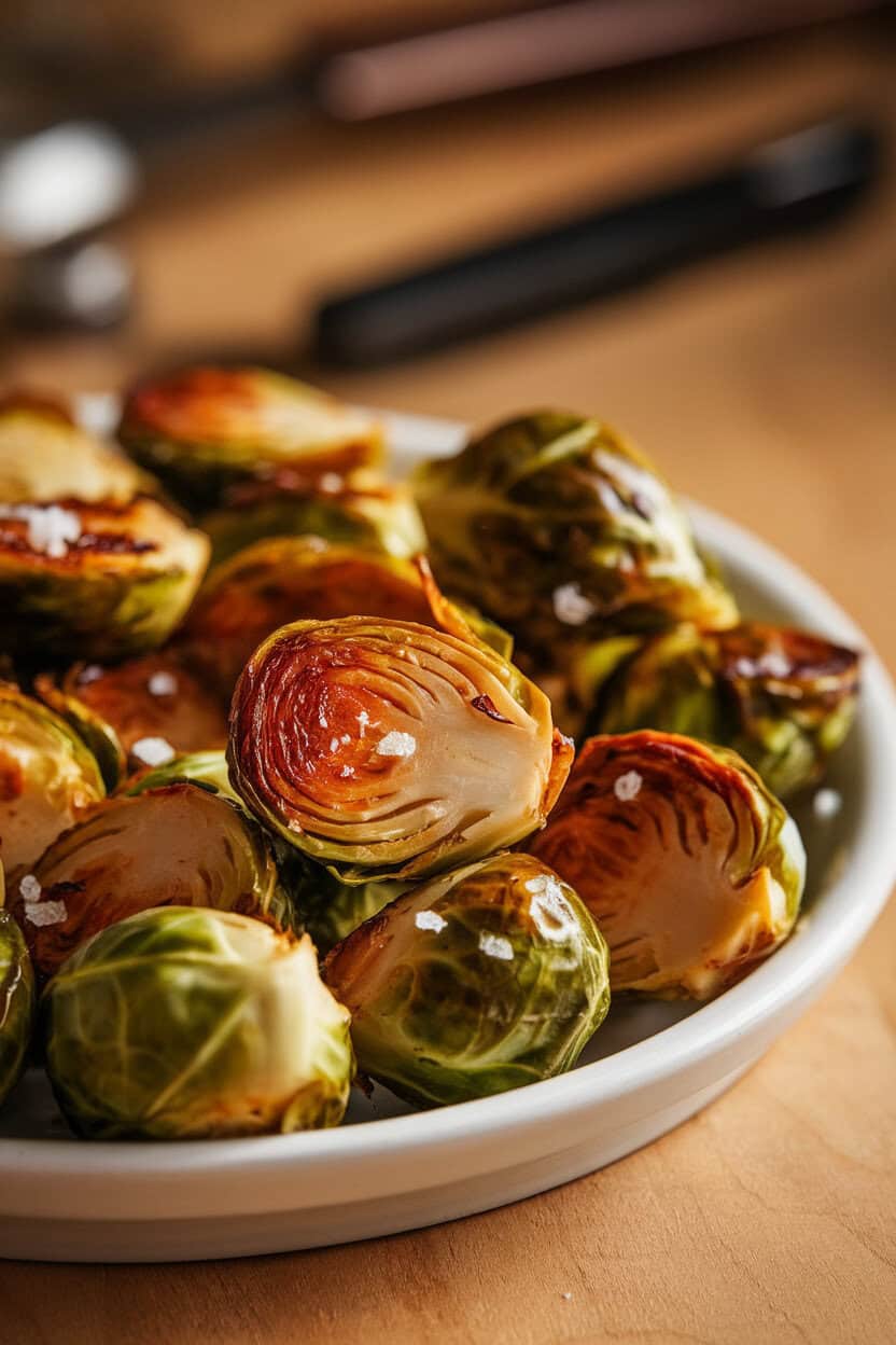 An indoor kitchen scene with a white ceramic platter of cooked Brussels sprouts, edges caramelized and lightly glazed, flecks of sea salt visible. Warm soft lighting highlights the maple sheen; no text or logos anywhere. Photo only.