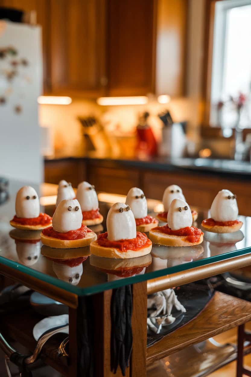 An indoor kitchen island showing mini bagel halves topped with marinara and ghost-shaped mozzarella slices, each dotted with peppercorn eyes. Warm lighting, no text or logos.
