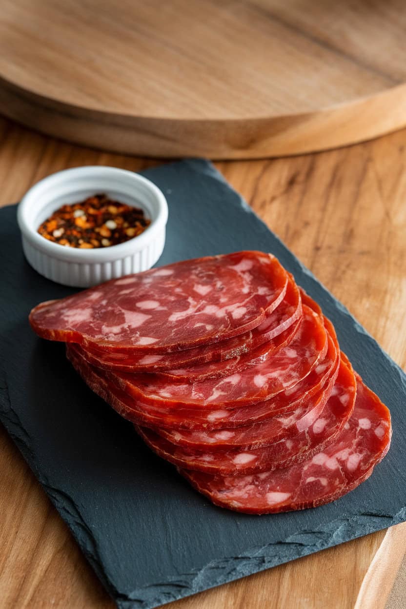 Indoor shot of thick soppressata slices stacked slightly askew on a slate board, with a tiny ramekin of chili flakes alongside. No text or logos; photo.