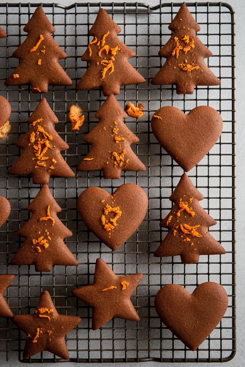 Indoor image of chocolate spritz cookies tinged with orange zest, pressed into festive shapes on a cooling rack. No text or logos.