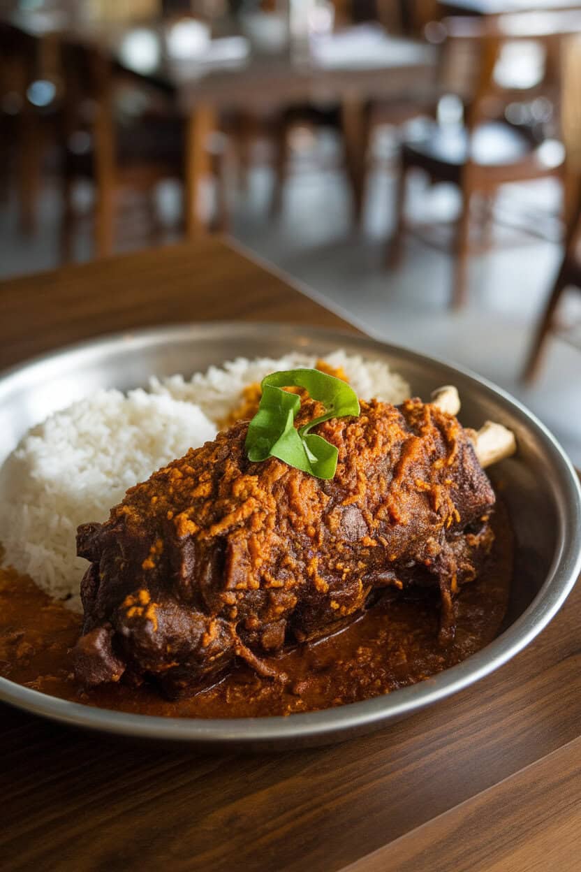 Photo of dark, richly coated cooked lamb rendang in a shallow dish, indoor setting, no text or logos.