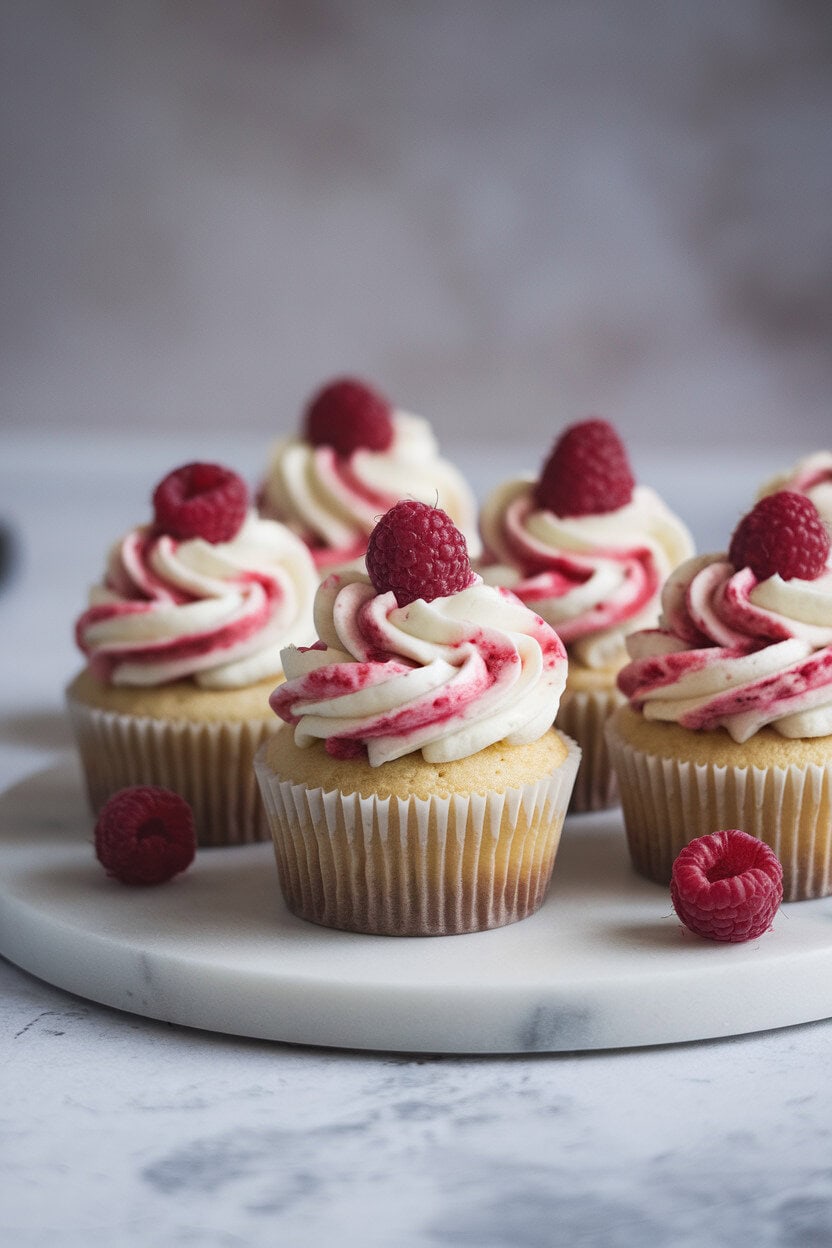 Indoors photo of vanilla cupcakes swirled with raspberry puree, topped with white chocolate buttercream and a fresh raspberry garnish, placed on a marble board. No text or logos.