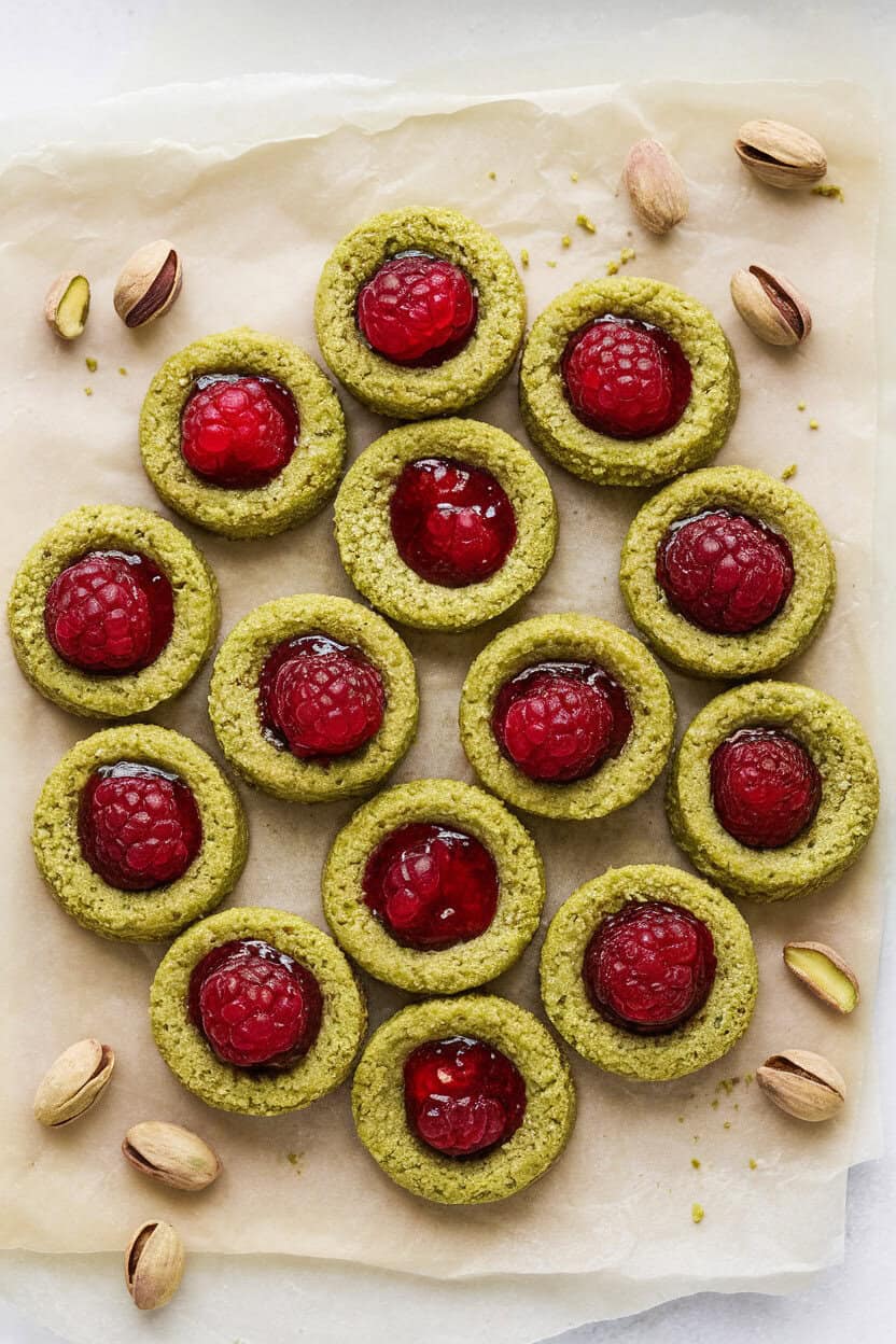 Indoor overhead shot of green-tinted pistachio thumbprints filled with bright raspberry jam on parchment paper; no text or logos.