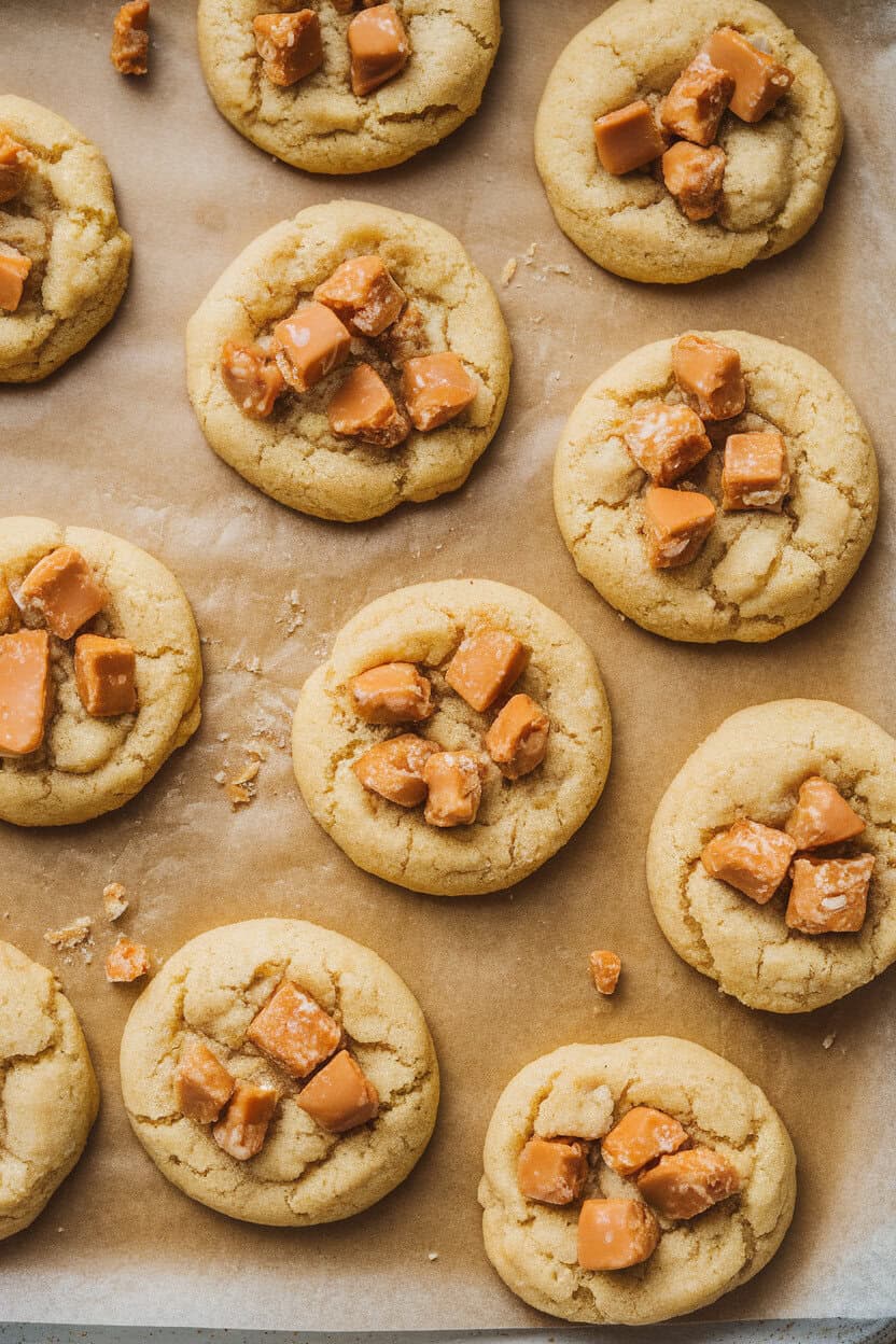 An indoor photo of buttery round cookies studded with toffee bits on a parchment-lined tray, some crumbs scattered nearby. No text or logos.