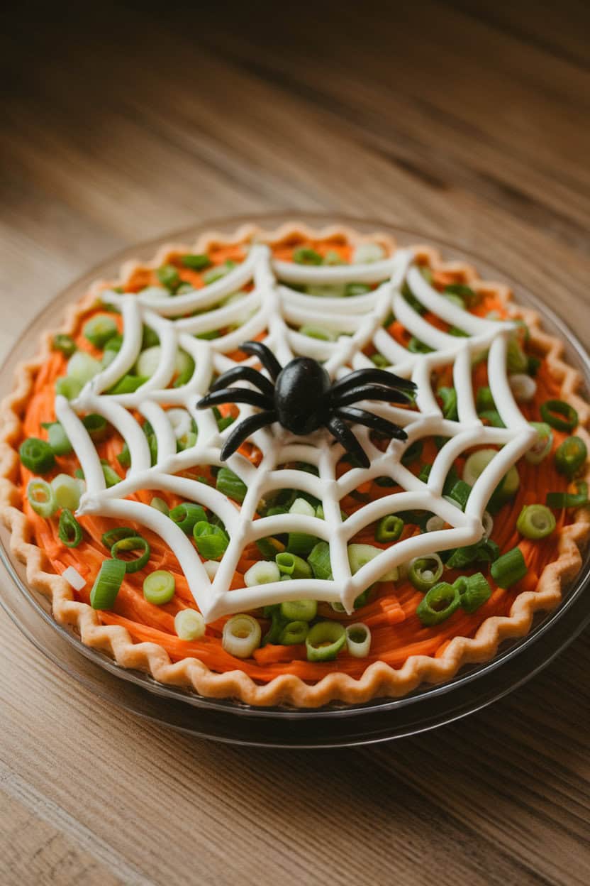 A round pie plate indoors with layered dip topped by a sour-cream spider web and a black olive “spider.” No text or logos. Photo only.
