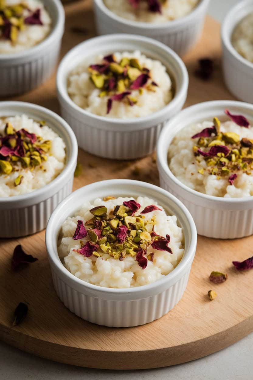 Photo prompt: Indoor ramekins filled with creamy rice pudding topped with chopped pistachios and dried rose petals, soft overhead lighting, no text or logos.