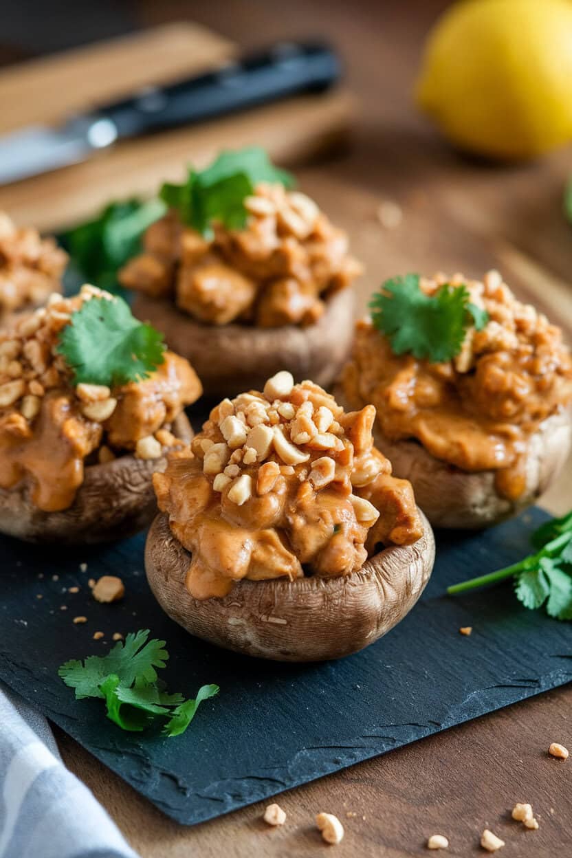 Photo of an indoor slate platter holding peanut-sauced chicken stuffed mushrooms, topped with crushed peanuts and cilantro. No text or logos visible.