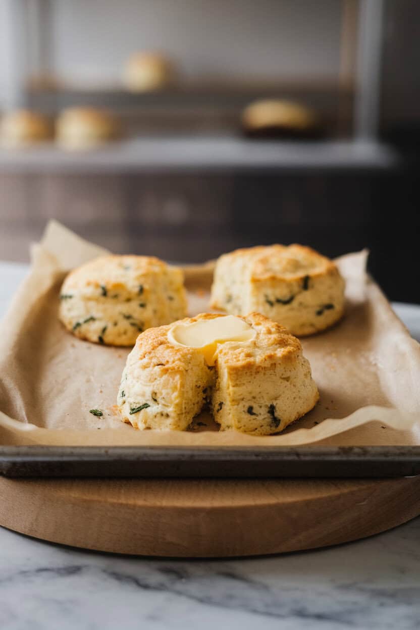 An indoor bakery-style counter displaying rustic cheddar and chive scones on a parchment-lined tray, butter melting into a split scone—photo, no text or logos
