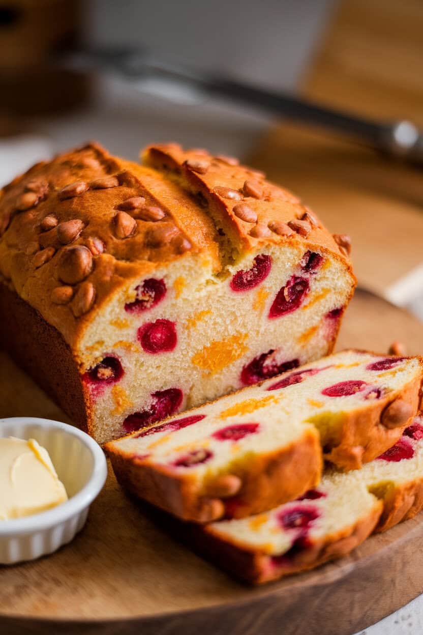 An indoor loaf of cranberry orange bread sliced to show vibrant berries and orange zest flecks, a small dish of softened butter beside it. No text or logos. Photo, not illustration.