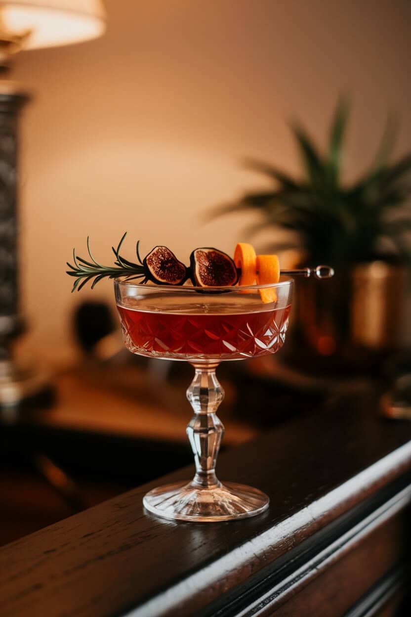 Cut crystal coupe holding a deep mahogany Manhattan with a skewered dried fig and orange peel. Indoor setting, no text or logos.
