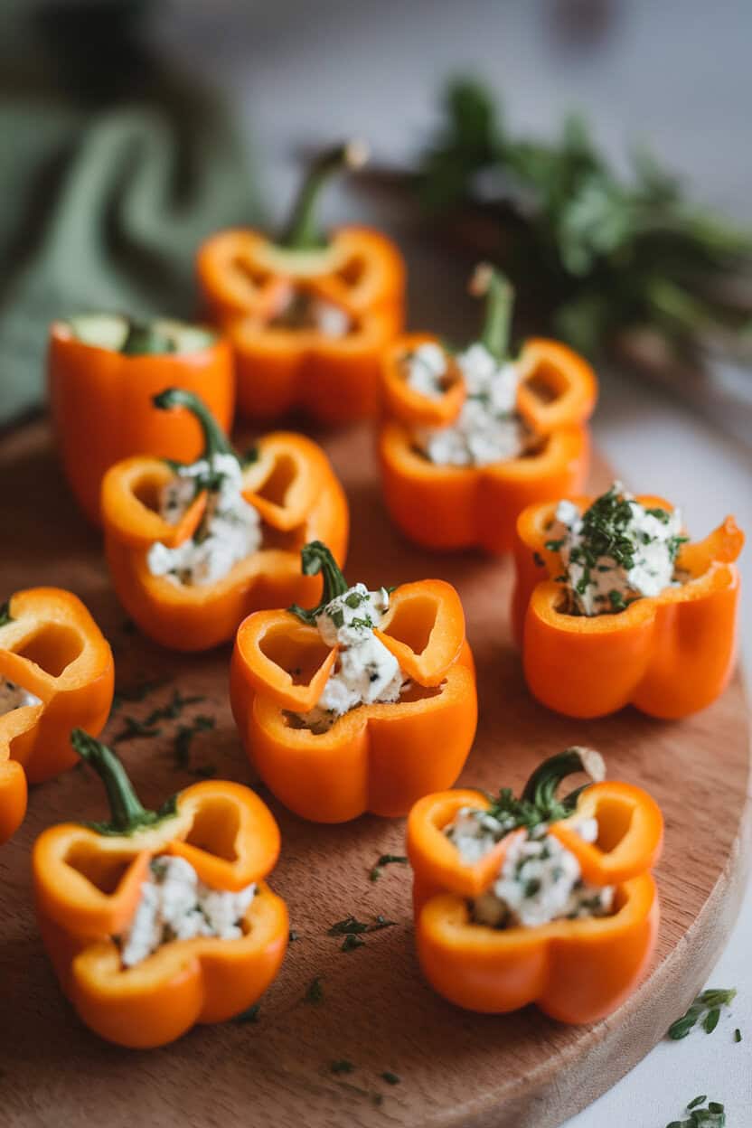 Indoor photo of orange mini bell peppers carved with simple triangle eyes and filled with herbed goat cheese. No text or logos.