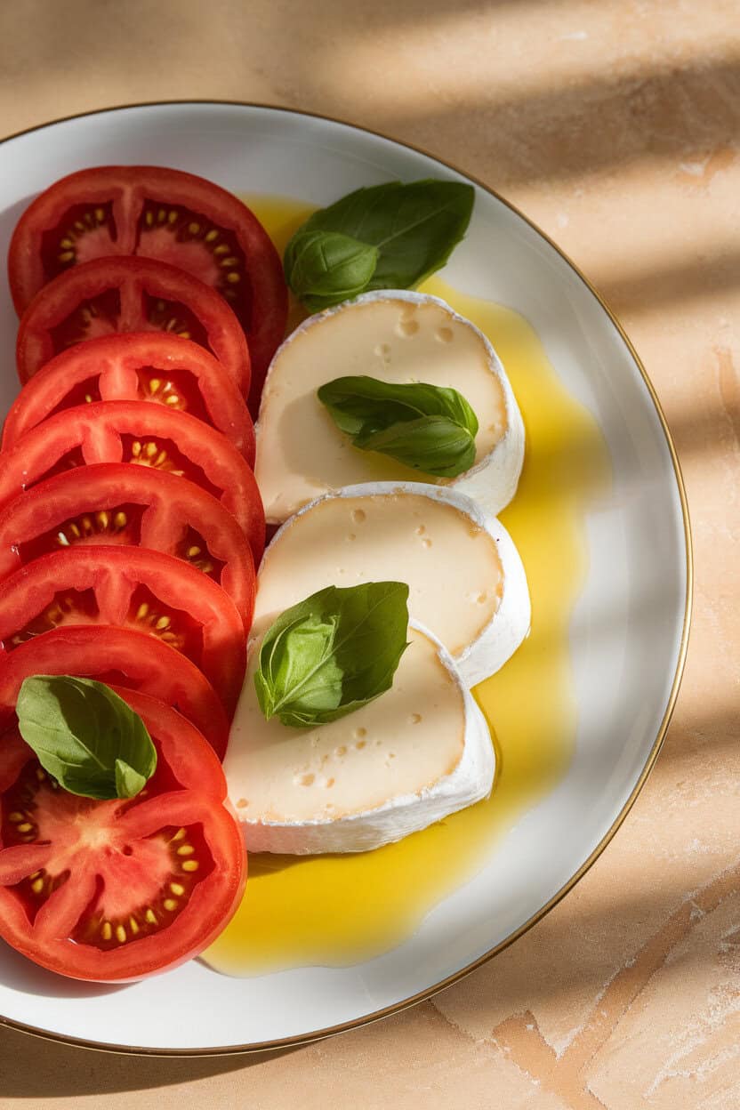 An indoor plate with alternating slices of heirloom tomato, Brie, and fresh basil leaves stacked high, a drizzle of olive oil glistening. No text or logos. Photo only.