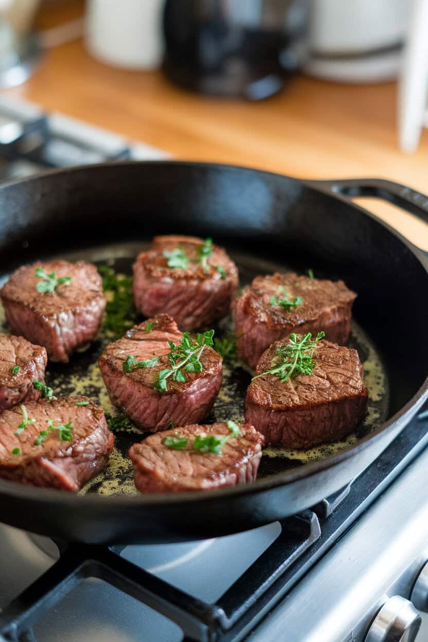 A cast-iron skillet on an indoor stovetop with seared steak bites glistening in garlic butter, herbs sprinkled—photo, no text or logos