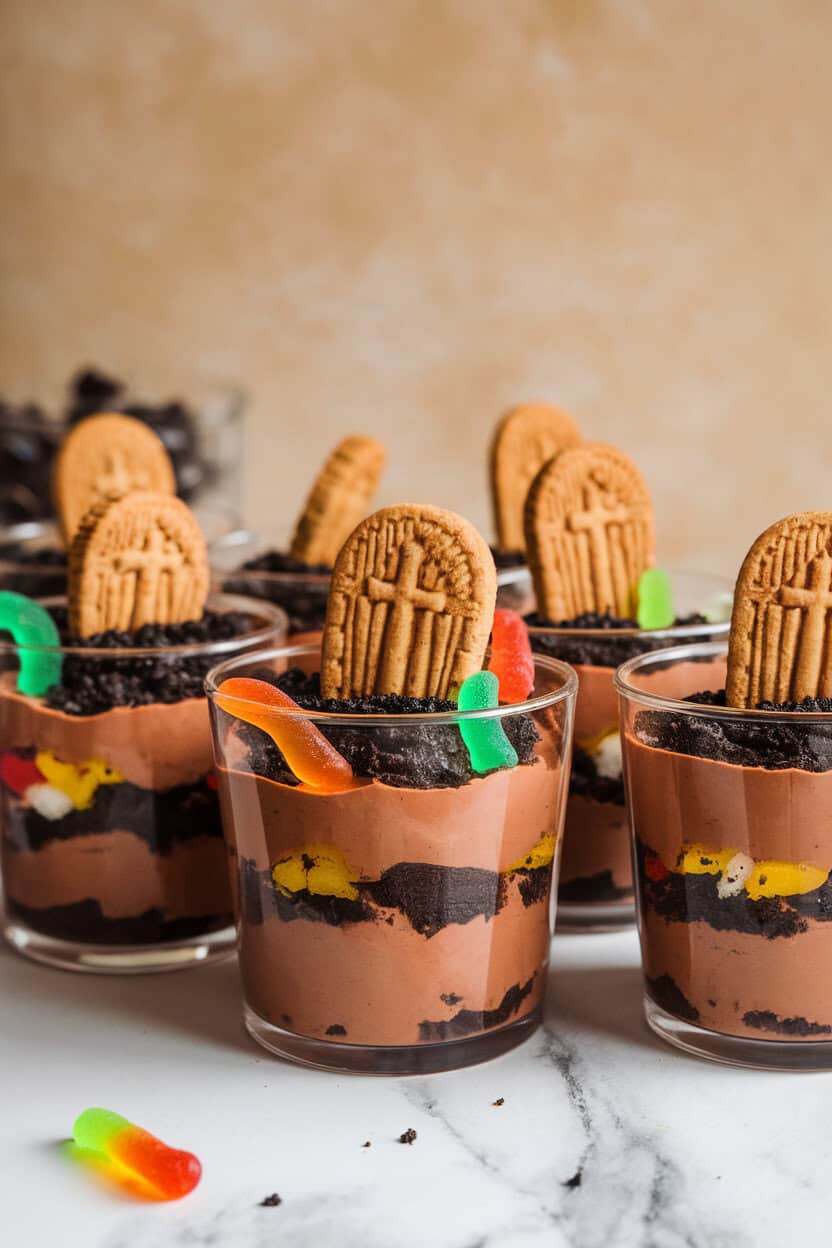 Indoor tabletop displaying clear cups layered with chocolate pudding, crushed cookies, and gummy worms peeking out, cookie “tombstones” inserted on top. No text or logos. Photo only.