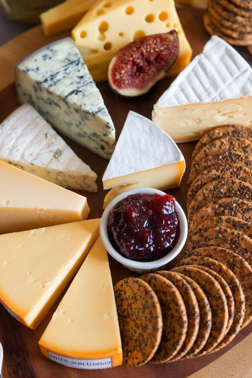 Photo indoors of an abundant cheese board featuring wedges of blue, aged cheddar, triple-cream brie, smoked gouda, and goat log, accented with fig jam and seed crackers, no text.