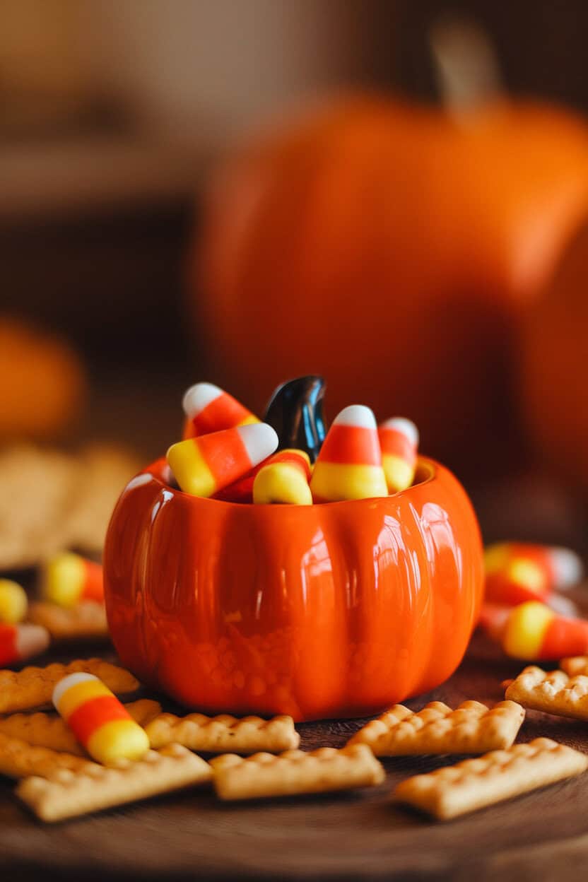 Indoor photo of a tiny ceramic pumpkin filled with classic candy corn, nestled among crackers. No text or logos.