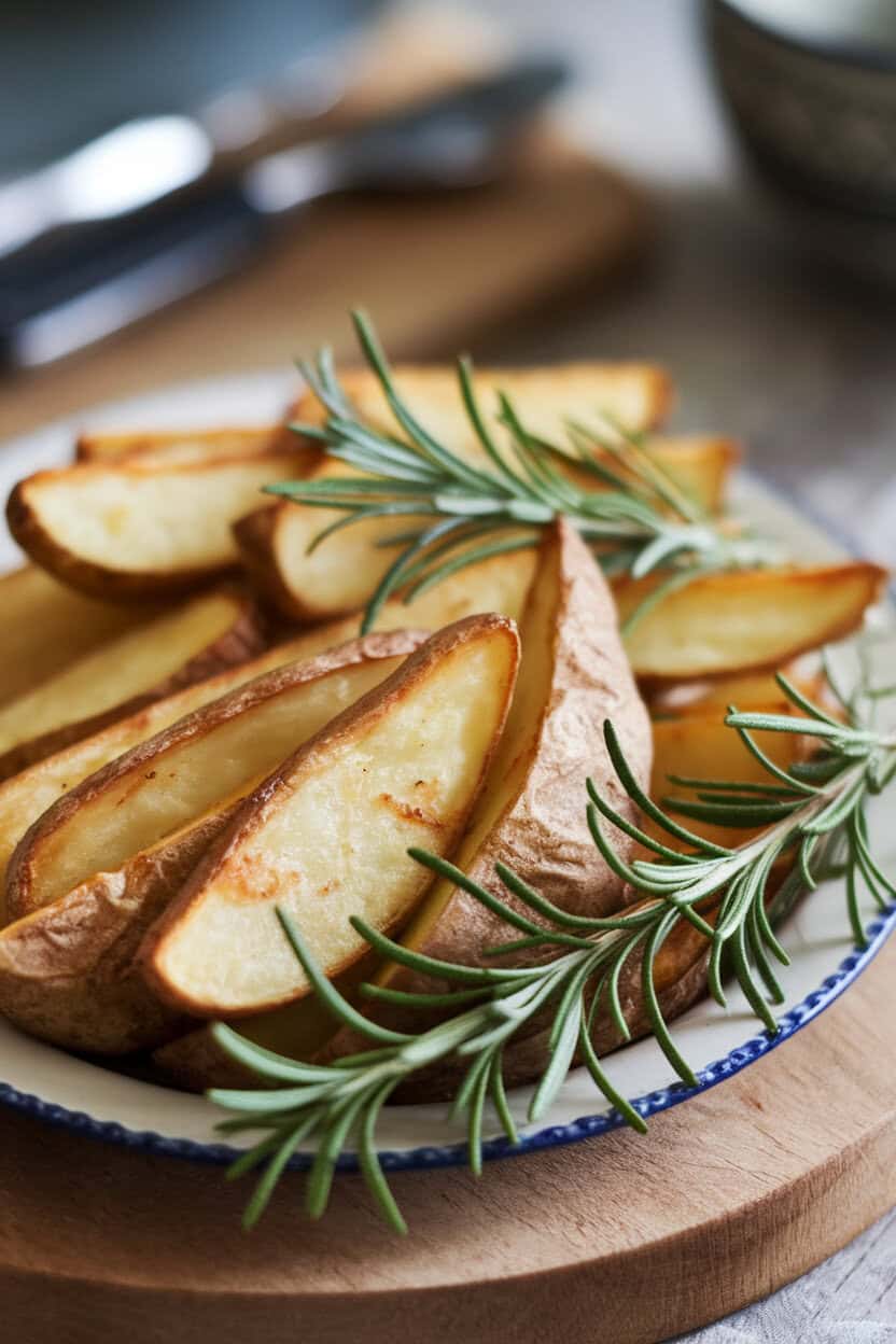 Indoor platter of crispy roasted potato wedges sprinkled with fresh rosemary. No text or logos. Photo, not illustration.
