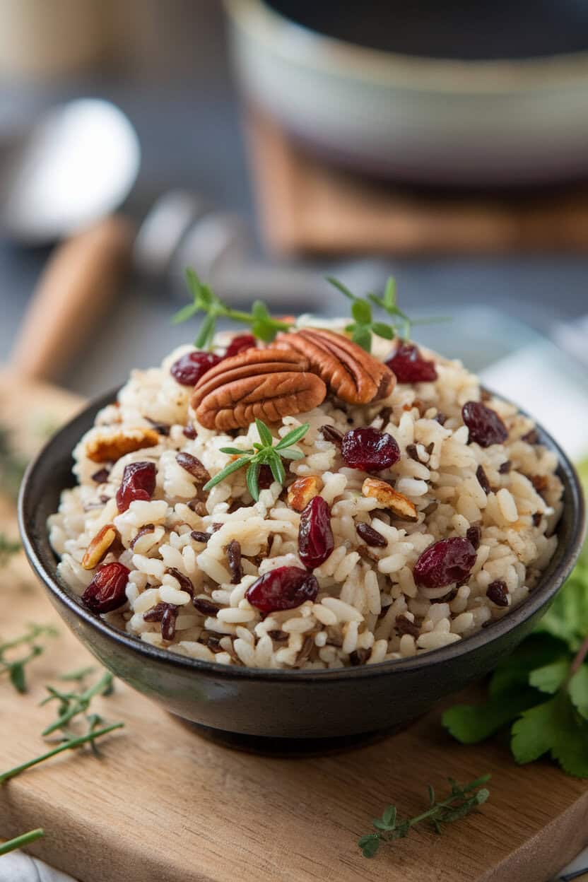 A serving bowl of wild rice pilaf dotted with dried cranberries and toasted pecans, shot indoors. No text or logos. Photo, not illustration.