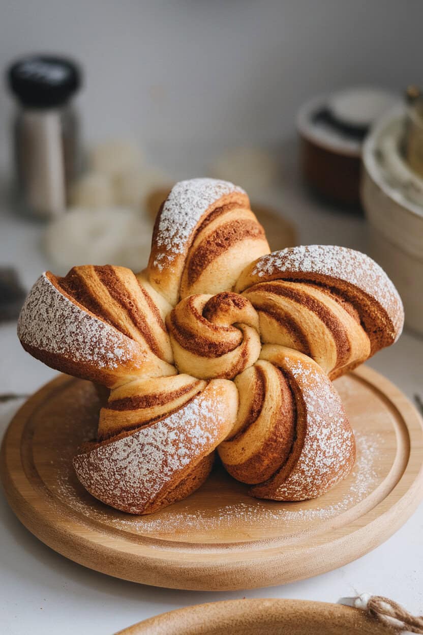 A pull-apart cinnamon star bread centered on an indoor wooden board, its twisted arms dusted with powdered sugar. No text or logos. Photo, not illustration.