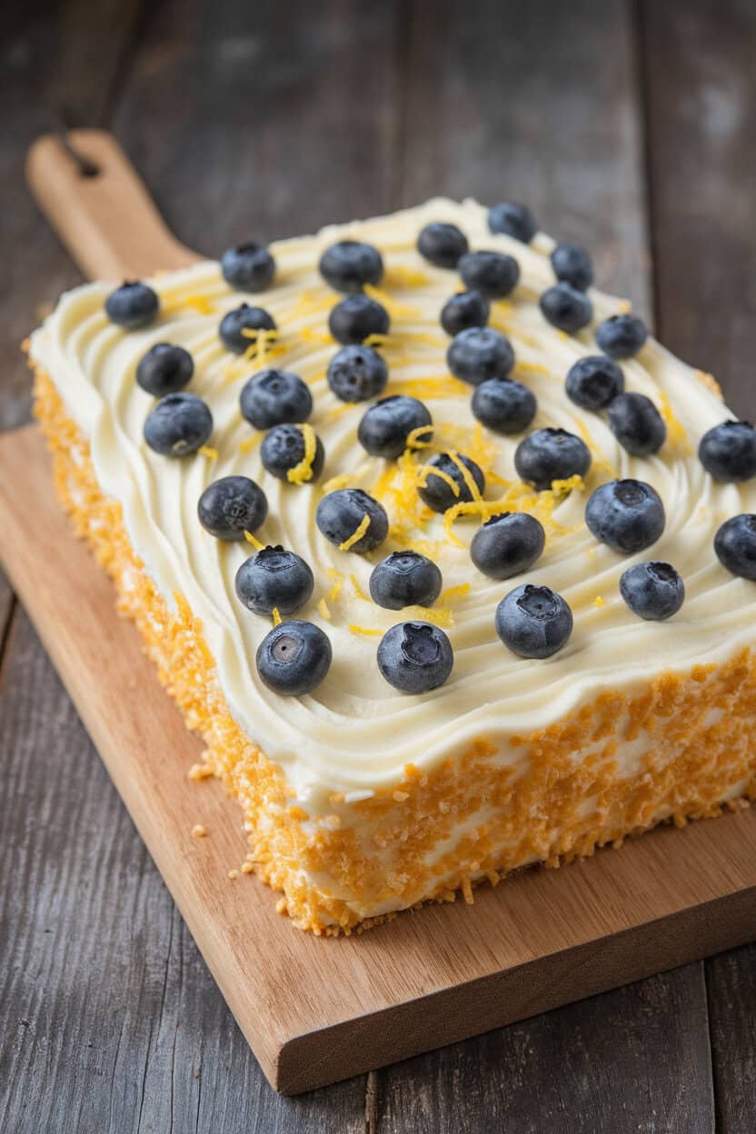 Indoor photo of a sheet cake studded with blueberries, thick cream cheese frosting swirled on top, lemon zest sprinkled, no text or logos