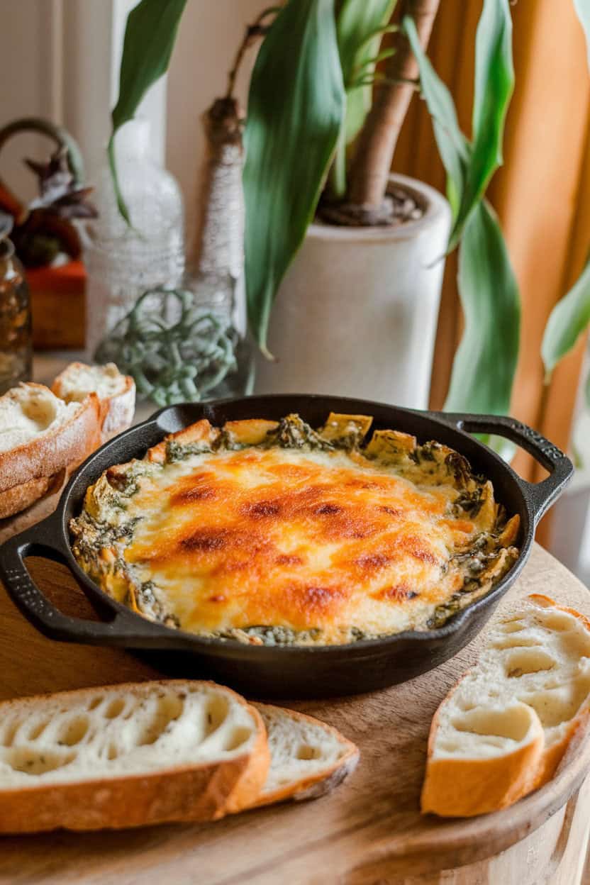 An indoor coffee table scene featuring a cast-iron skillet of bubbling spinach artichoke dip with a golden cheese top, toasted baguette slices nearby. Photo only, no text or logos.