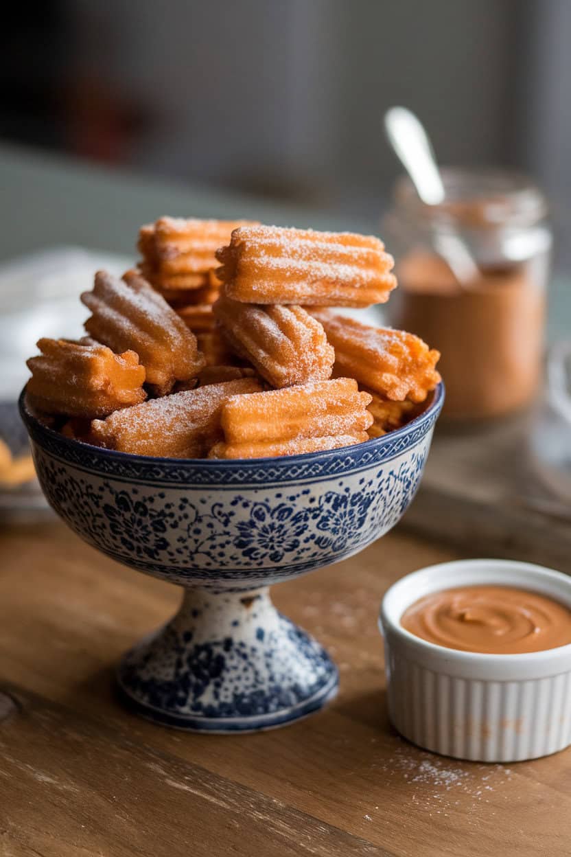 Photo prompt: Indoor serving bowl piled with cinnamon-sugar churro nuggets and a side ramekin of dulce de leche dipping sauce, no text or logos.