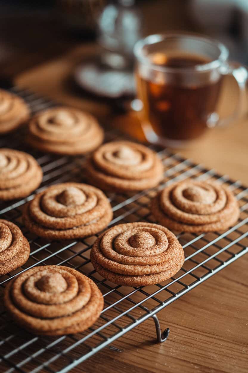 Indoor cookie cooling rack topped with chai-spiced snickerdoodles, cinnamon sugar dust visible, a mug of tea blurred in the background. No text or logos present. Photo only.