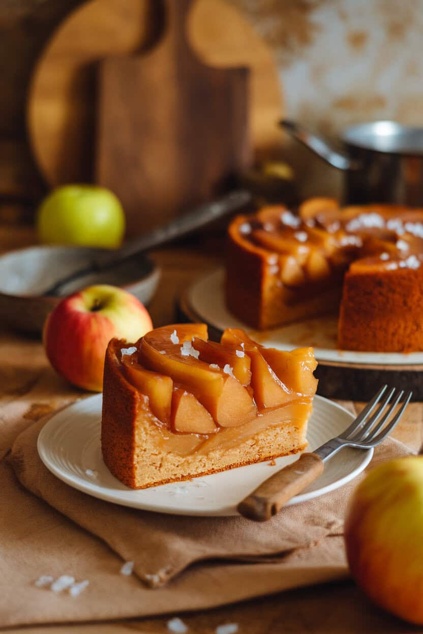 A warmly lit indoor scene showing a slice of upside-down cake with glossy caramelized apple wedges and a hint of flaky sea salt on top. Photo, no text or logos.