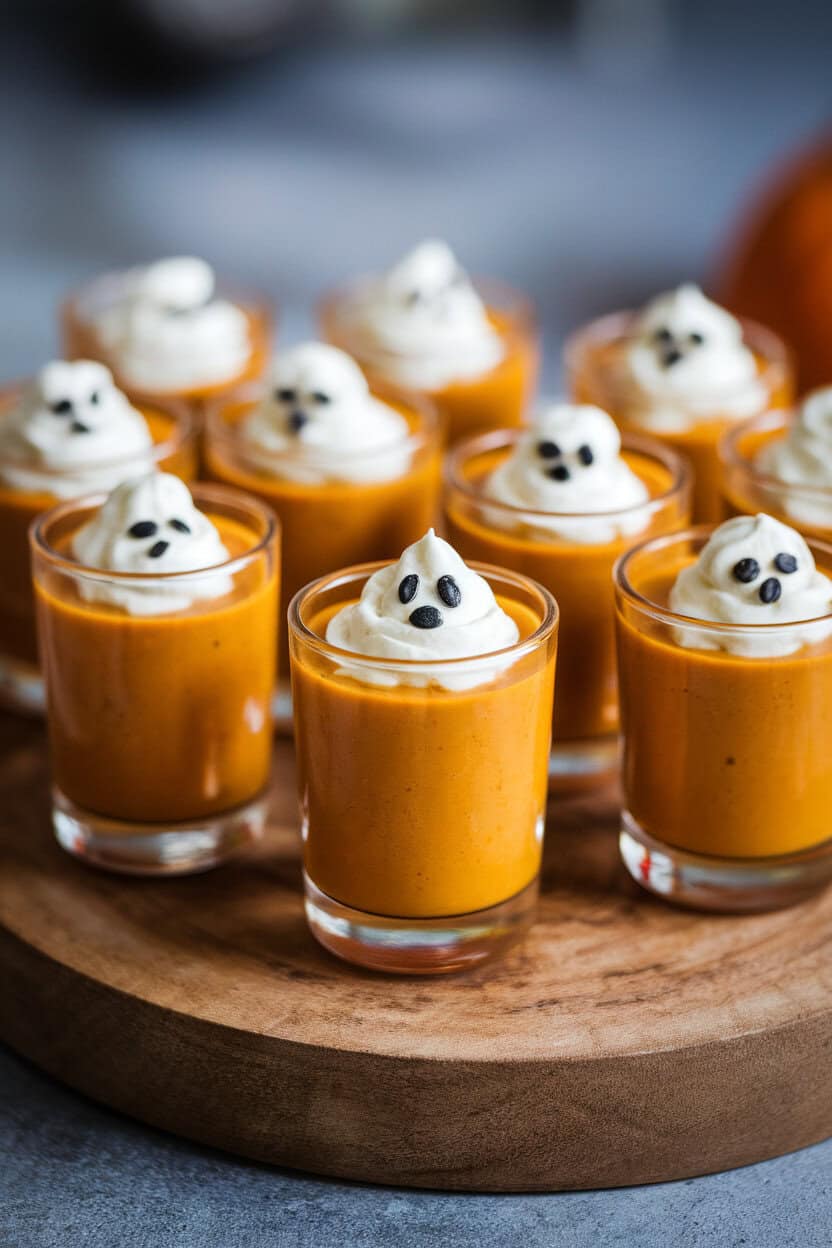 Tiny glass shooters of creamy orange pumpkin soup on a wooden indoor board, each topped with a swirl of black sesame cream forming ghost faces. No text or logos. Photo only.