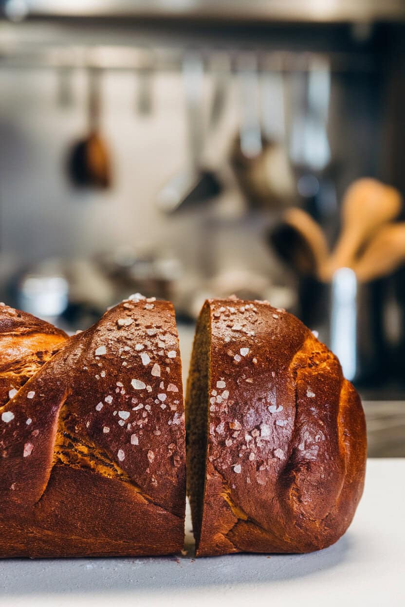 Indoor image of a deep-brown pretzel loaf with coarse salt crystals, slice revealing tight crumb, no text or logos.
