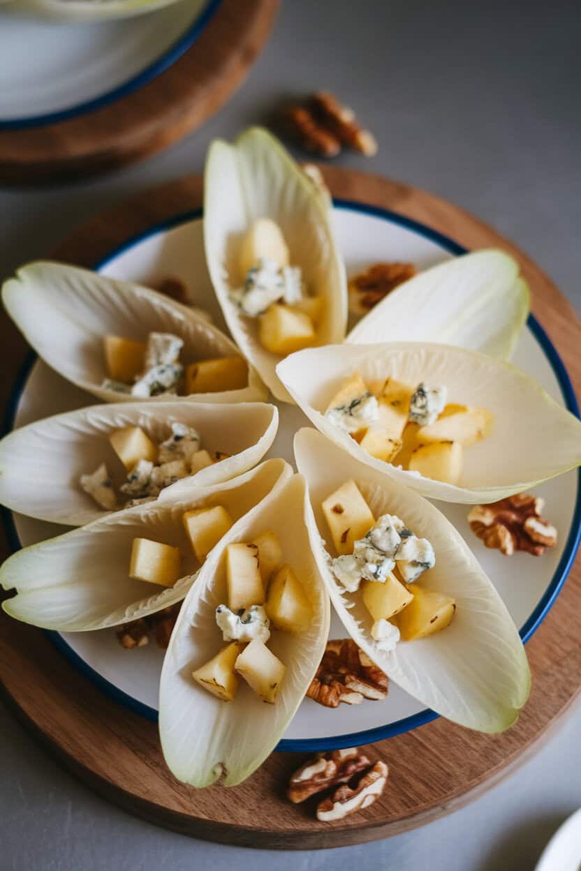 Indoor plate of crisp endive leaves holding diced pear and crumbled blue cheese, walnuts scattered around. Soft overhead lighting; no text or logos. Photo only.