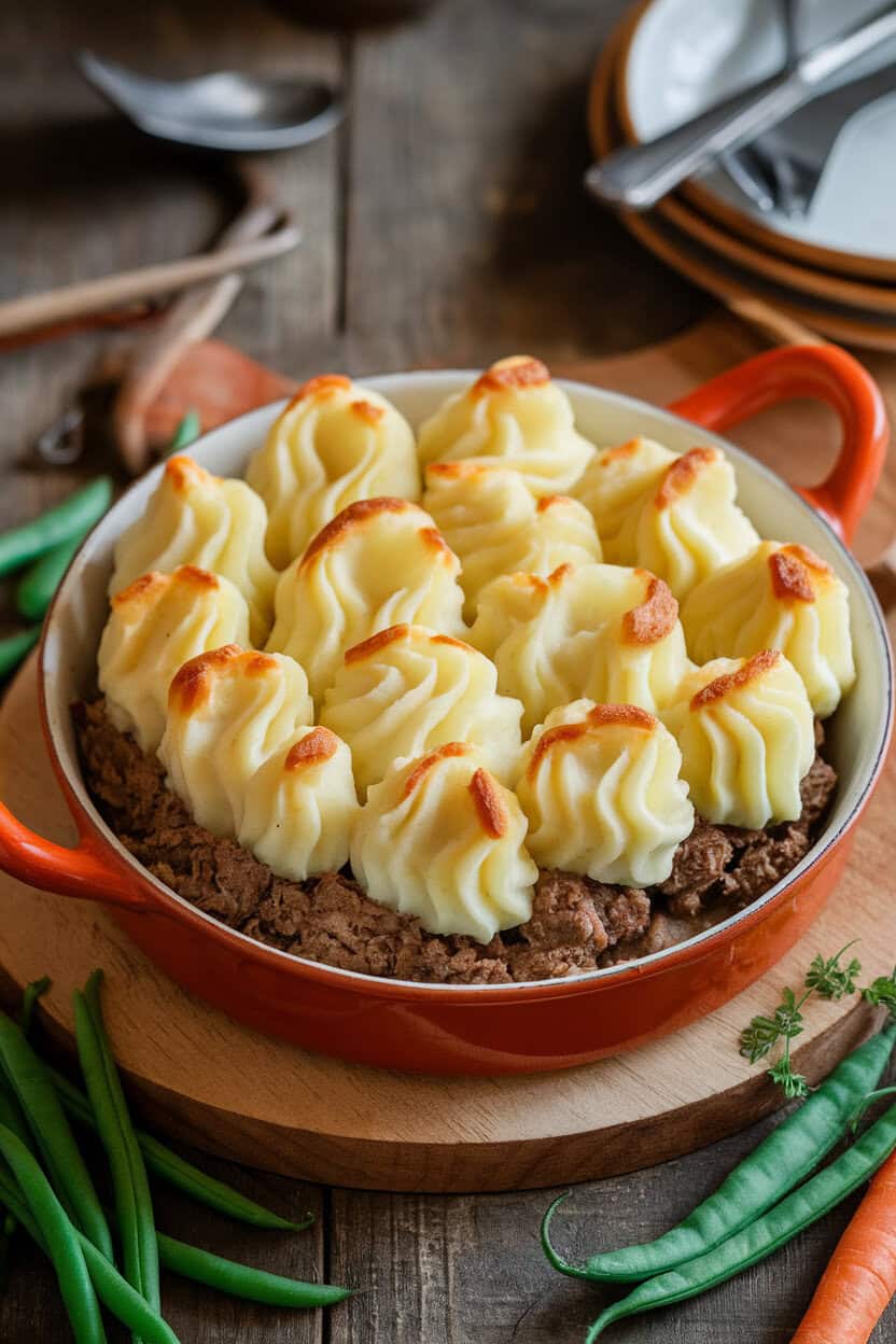Indoor photo of a casserole dish featuring beef filling beneath a piped layer of golden mashed potatoes, edges crisp and slightly browned. No text or logos anywhere.