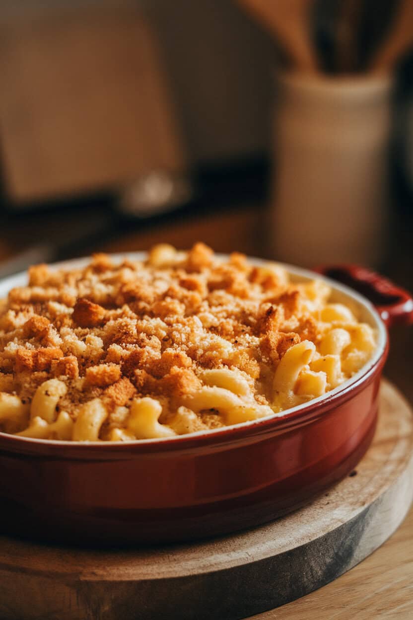 Warm indoor photo of a casserole dish with bubbling macaroni and cheese, breadcrumbs toasted on top. No text or logos. Photo, not illustration.