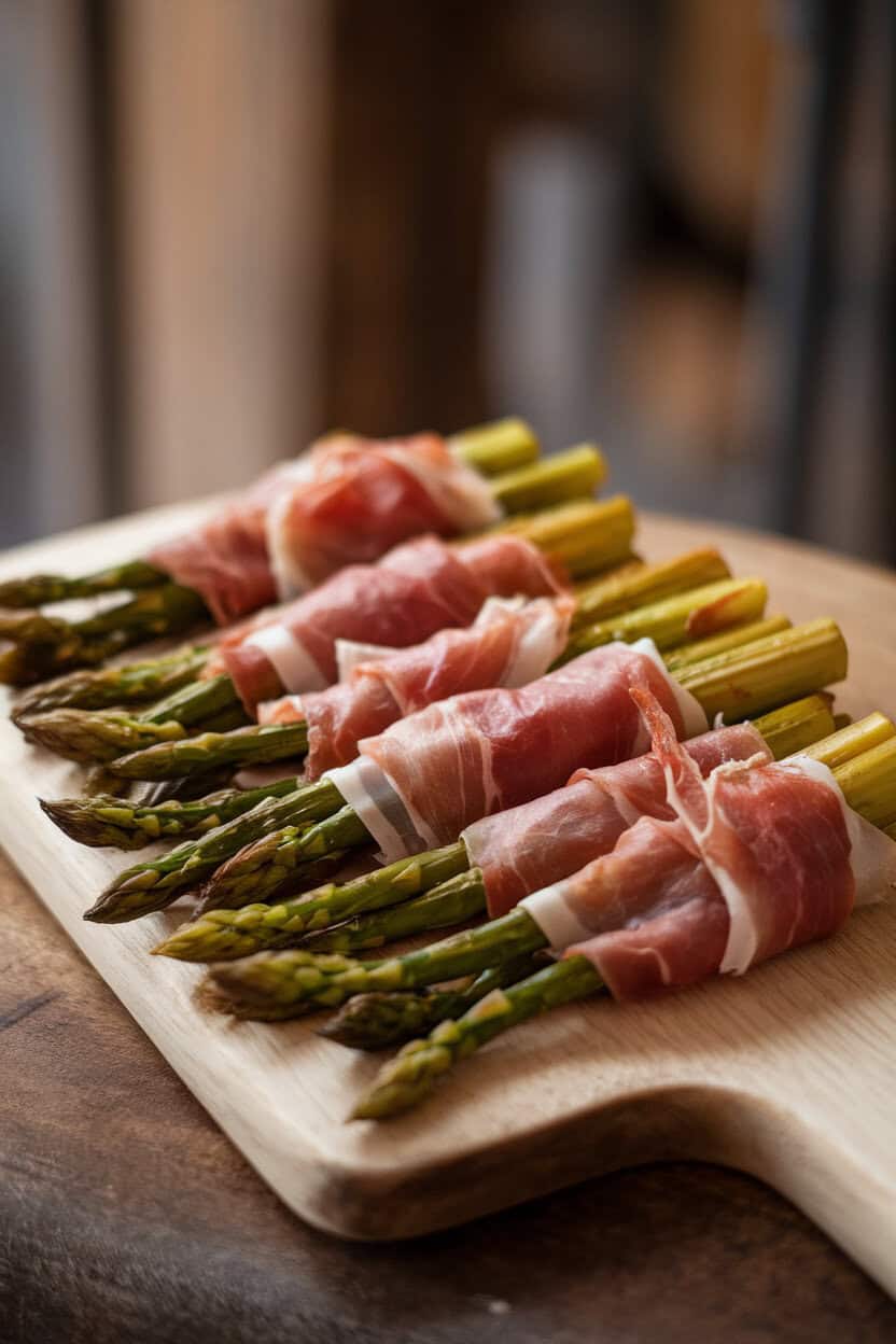 Indoor platter on a wooden board displaying roasted asparagus spears wrapped in thin prosciutto, edges slightly crisp—45-degree angle, no text or logos.