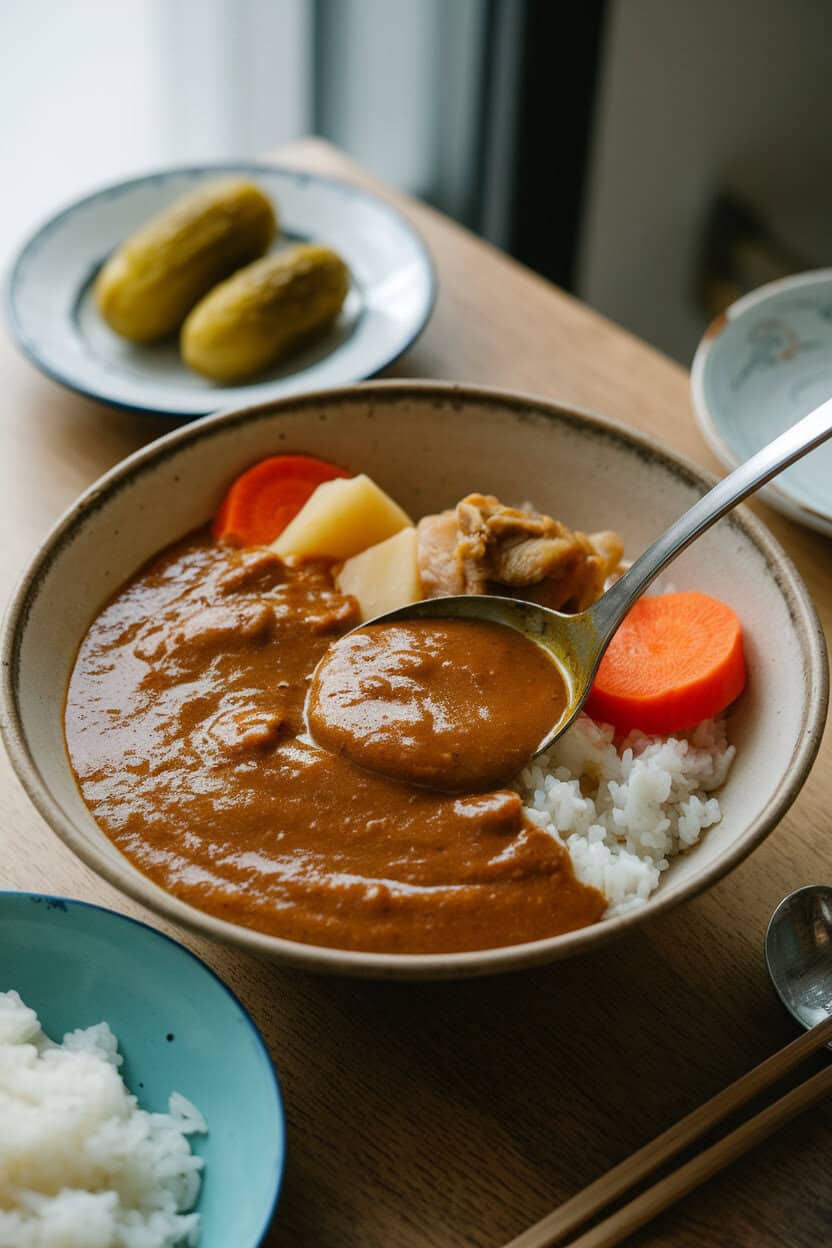 An indoor dinner table with a shallow bowl of thick curry sauce ladled over rice, pieces of carrot, potato, and chicken visible. Fukujinzuke pickles sit on the side. No text or logos present. Photo, not illustration.