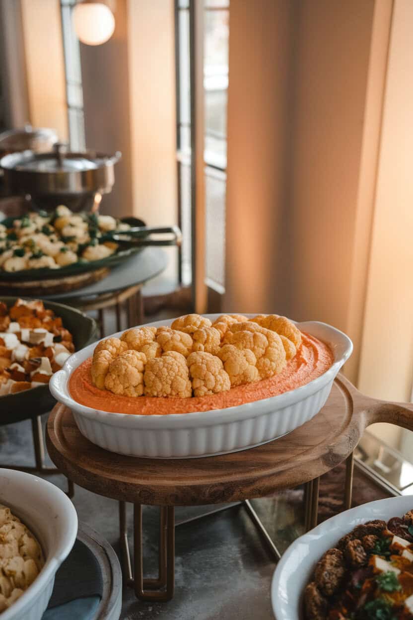 An indoor buffet with a white oval dish of creamy orange Buffalo-style dip topped by roasted cauliflower arranged in brain-like folds. Soft, warm lighting; no text or logos.