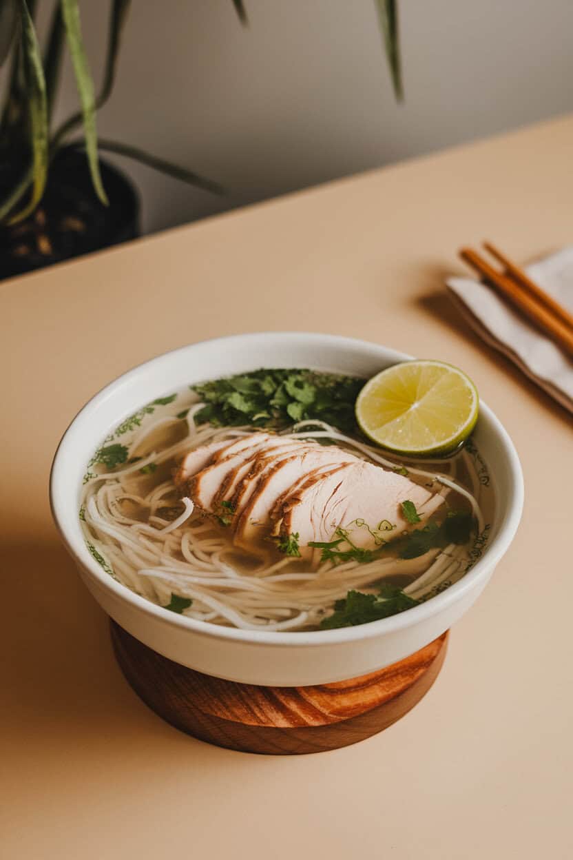 Indoor bowl of clear turkey pho broth with rice noodles, sliced turkey, herbs, and lime wedge on the rim, no text or logos.