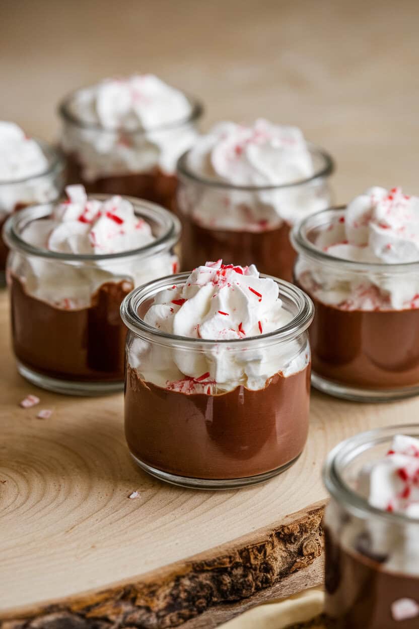 Indoor photo of small glass jars filled with dark chocolate custard, topped with whipped cream and crushed peppermint. No text or logos.