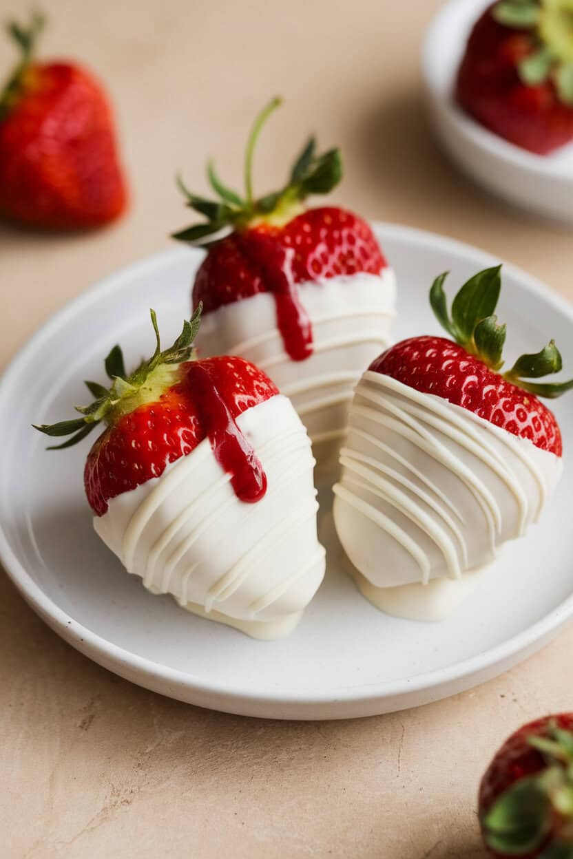 Indoor photo of ripe strawberries dipped in white chocolate, with two tiny red jam streaks near the tip. No text or logos in the scene.