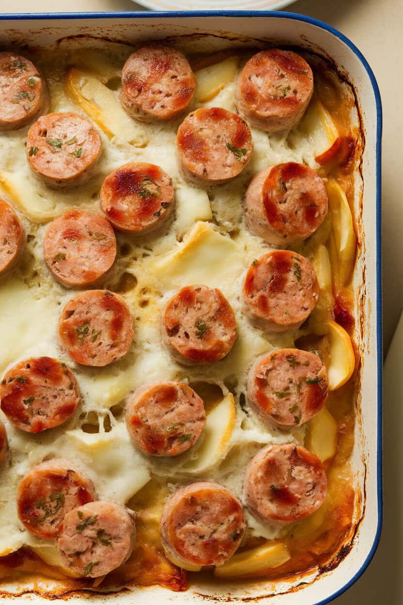 Indoor scene featuring a casserole dotted with browned chicken-apple sausage coins and pockets of melted Brie, surface lightly bubbled. No visible branding. Photograph.