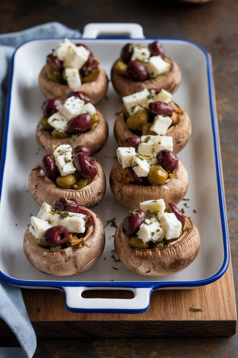 Photo indoors of a white rectangle platter featuring mushrooms filled with kalamata olive, feta, and oregano mix, slight char on tops. No text or logos.
