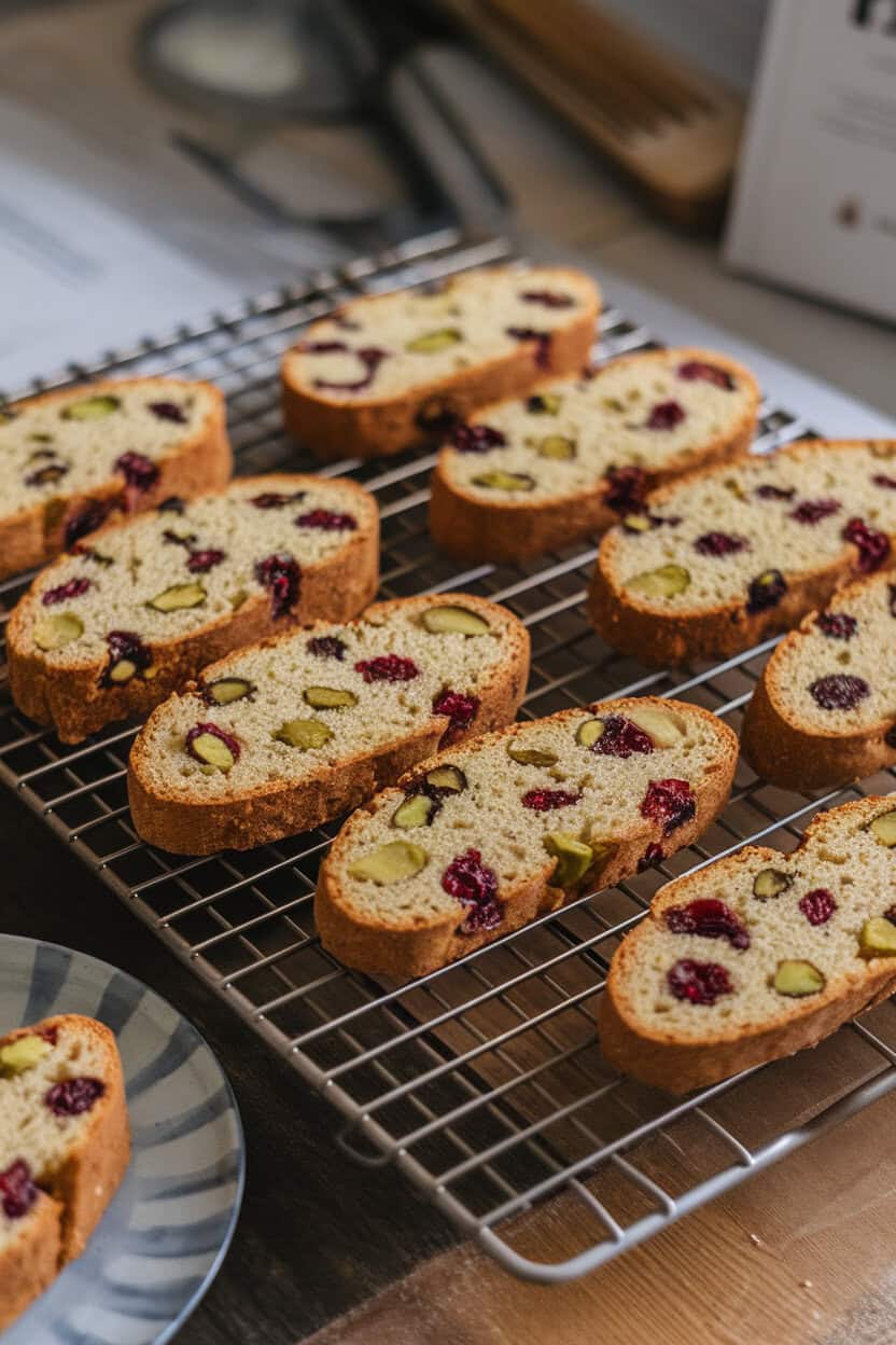An indoor photo of sliced biscotti dotted with green pistachios and red cranberries on a cooling rack, ready for second bake. No text or logos.