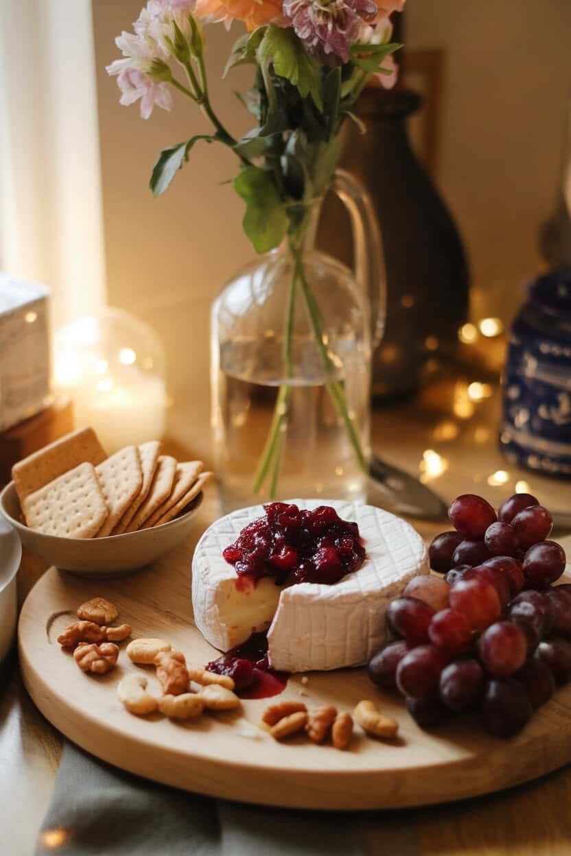 A warmly lit indoor cheese board displaying a wheel of brie oozing cranberry chutney, crackers nearby—no text or logos.