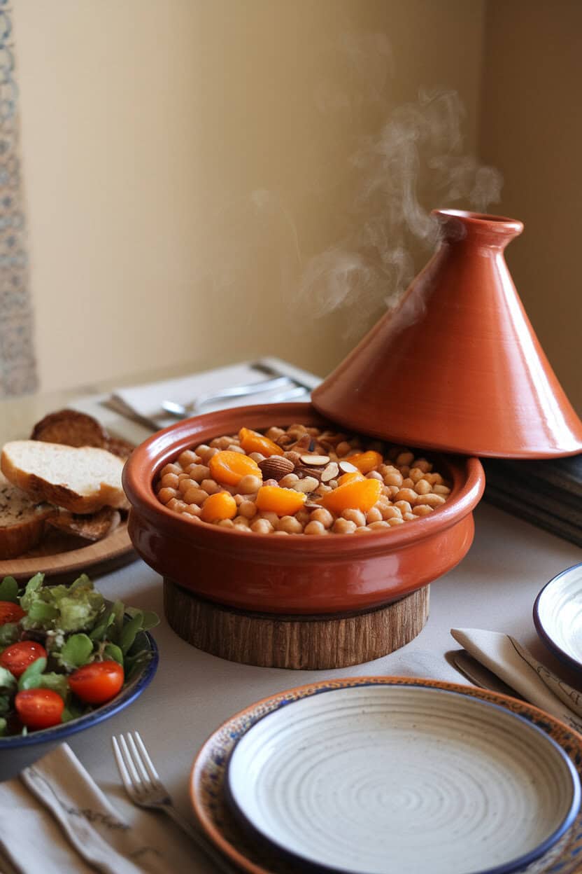 An indoor dining table with a clay pot of chickpea tagine studded with apricots and almonds, steam rising. No logos; photo, not illustration.