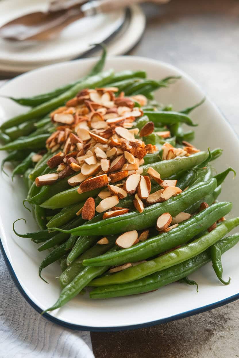 Photo showing a white platter indoors with vibrant green beans lightly glazed in brown butter and sprinkled with toasted sliced almonds, steam visible, no text or logos.